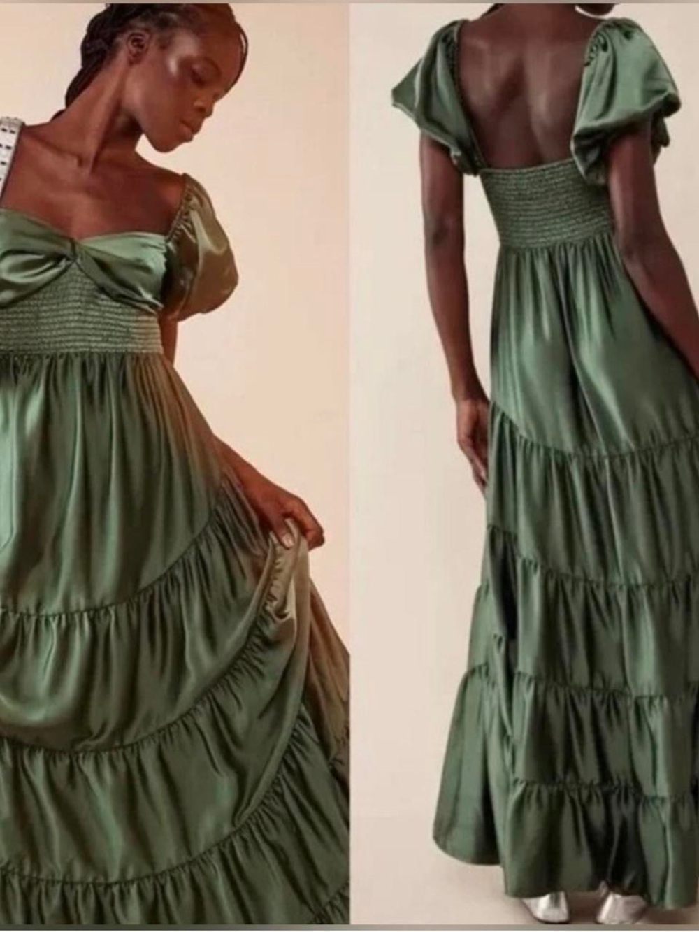 Free People Elegant Silky Olive Green Tiered Maxi Dresss
